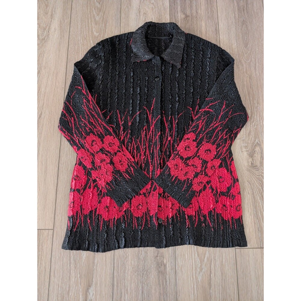 Crush Women Blouse Large Floral Crinkle 80s Long Sleeve Reversible with pockets